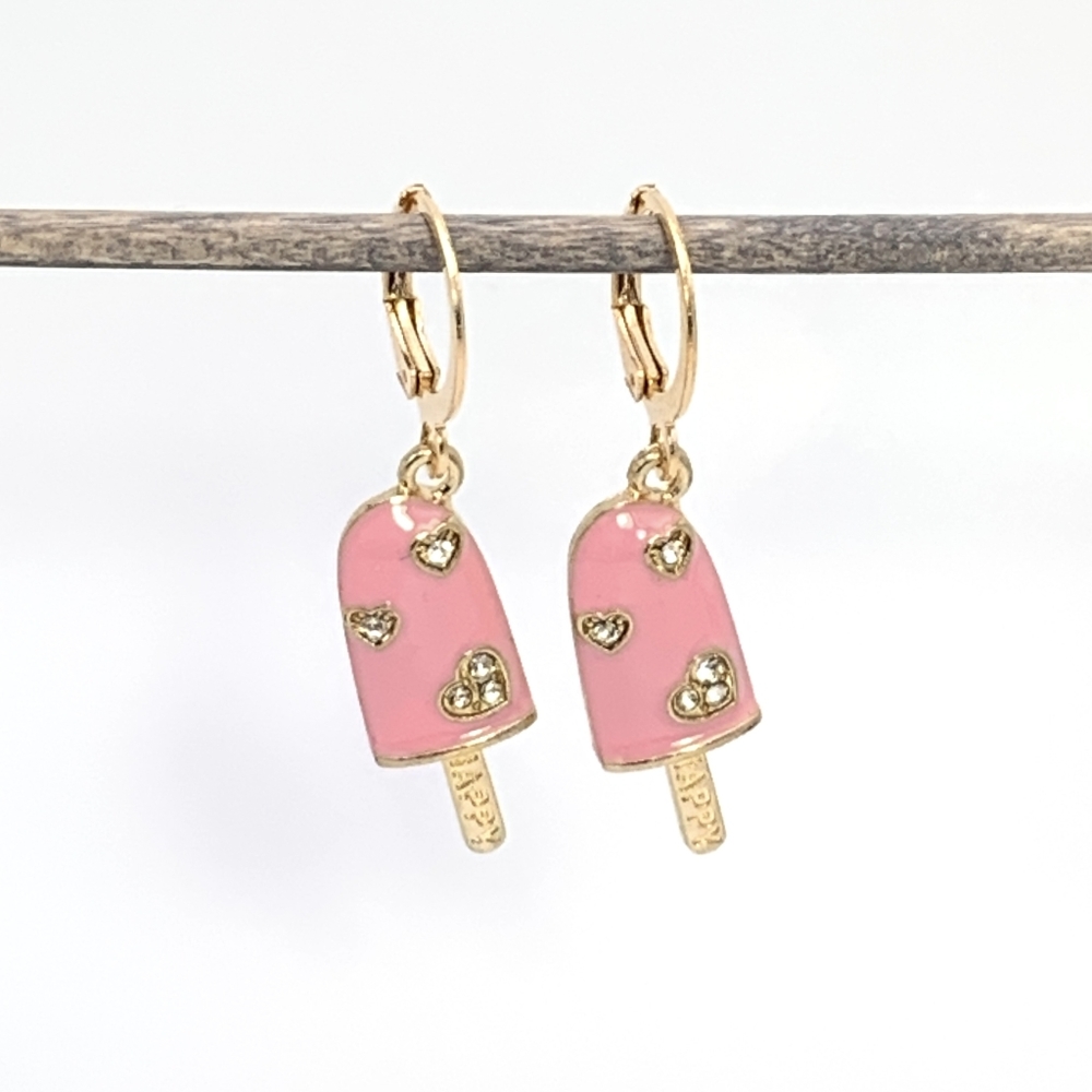 Pink Ice Cream Popsicle Huggie Hoop Earrings with Jewels